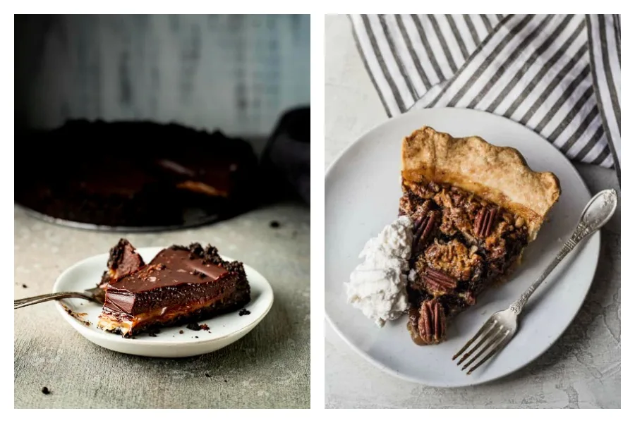 Easy Thanksgiving pie recipes: Chocolate Ganache Tart at Went There 8 That; Chocolate Bourbon Pecan Pie at Well Seasoned Studio