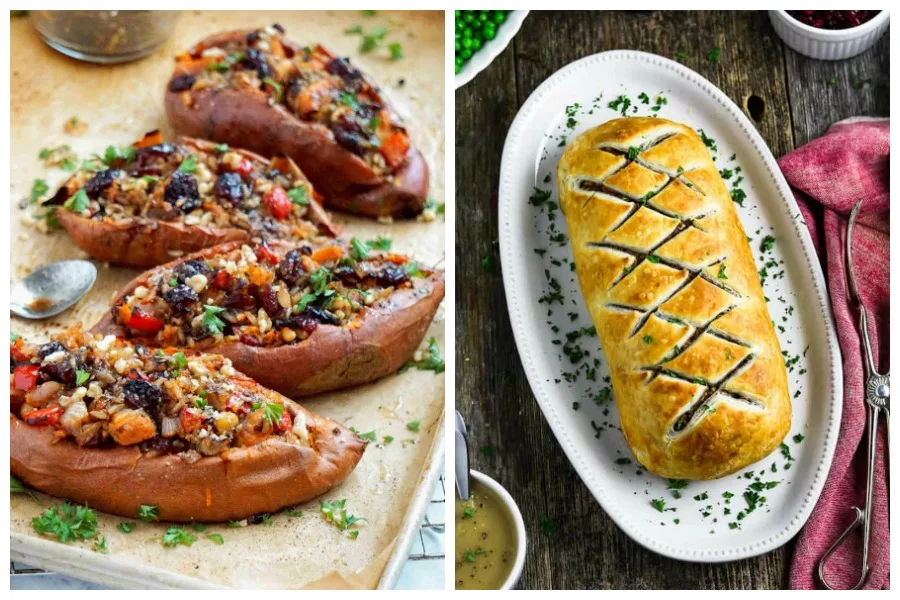 Vegetarian Thanksgiving recipes: Stuffed sweet potatoes at Healthy Taste of Life and Vegan Wellington at Vegan Huggs