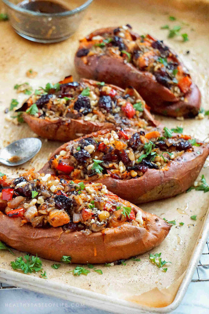 Vegetarian Thanksgiving recipes: Savory Stuffed Sweet Potatoes at Healthy Taste of Life