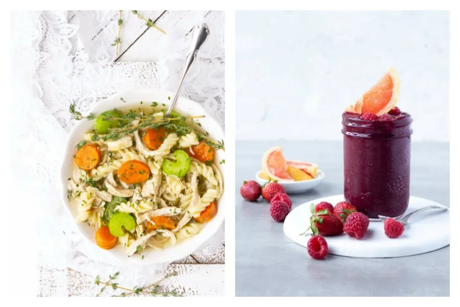 Weekly meal plan: Cold and Flu busting recipes for chicken noodle soup at Haute & Healthy Living and Elderberry Smoothies at Heartfully Nourished