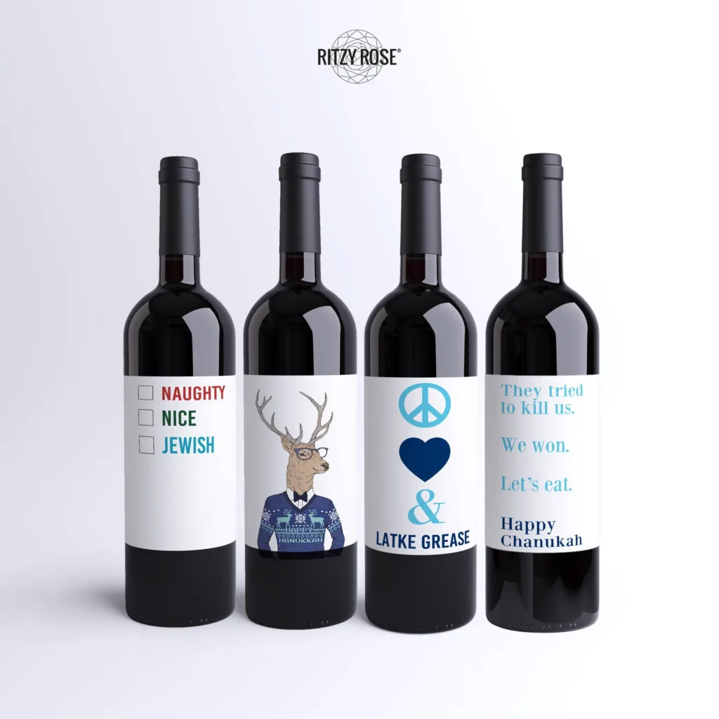 Funny Hanukkah wine labels from the Ritzy Rose: Comes in a set of 8