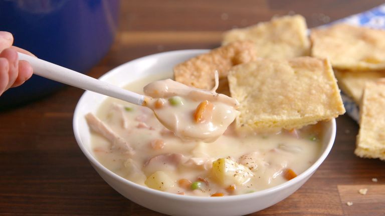 Relaxed holiday dinners for a crowd: Chrissy Teigen's Chicken Pot Pie Soup © Brandon Bales for Delish