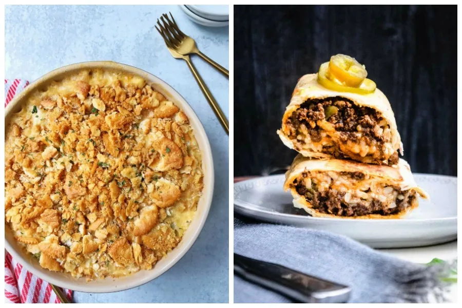 Weekly meal plan: Broccoli Casserole at My Casual Pantry and Crispy Beef Burritos at Josie and Nina