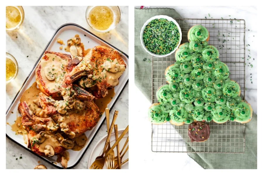 Weekly meal plan: Pork Chops at Skinny Taste and Christmas Tree cake at Sugar Coated Cottage
