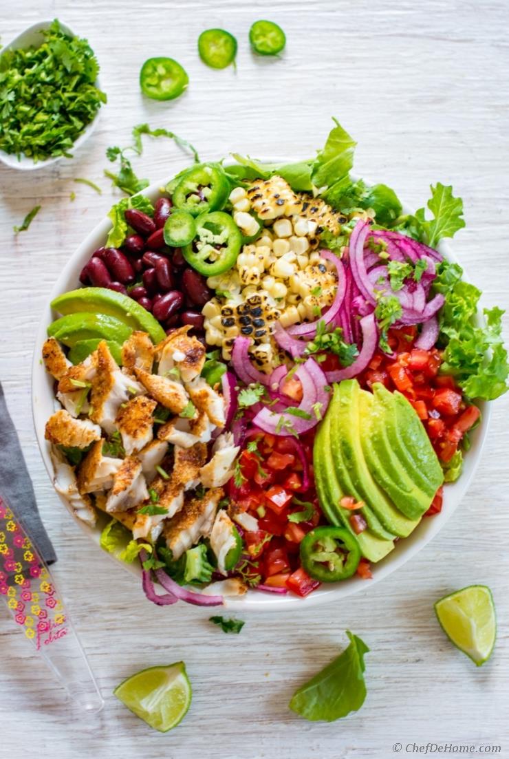 Meatless meals like taco bowls are easy, and extra special with avocado cojita dressing at Chef de Home