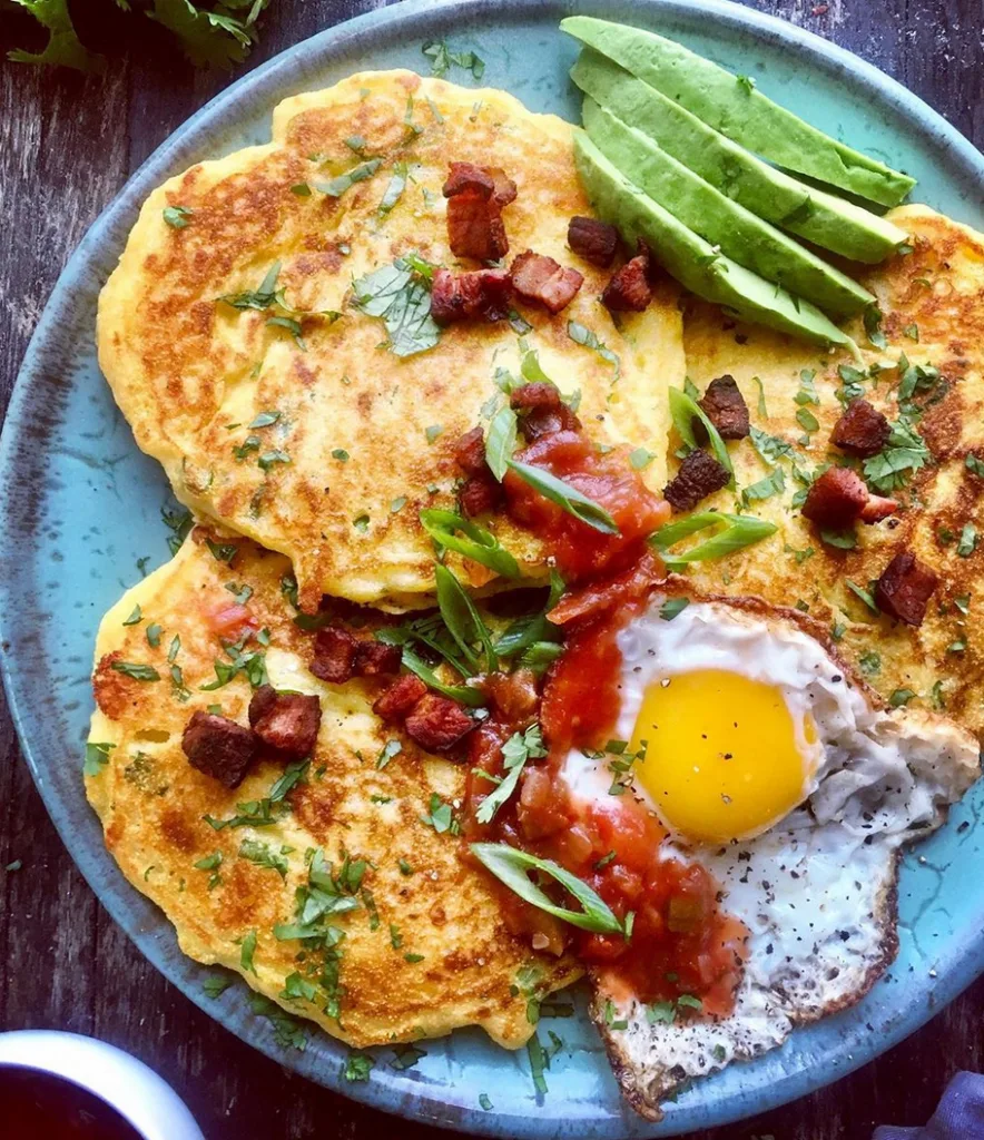 WeeklyMealPlan: Cornmeal Cheddar Bacon Pancakes with Fried Egg, Avo and Salsa from Diane Morrisey
