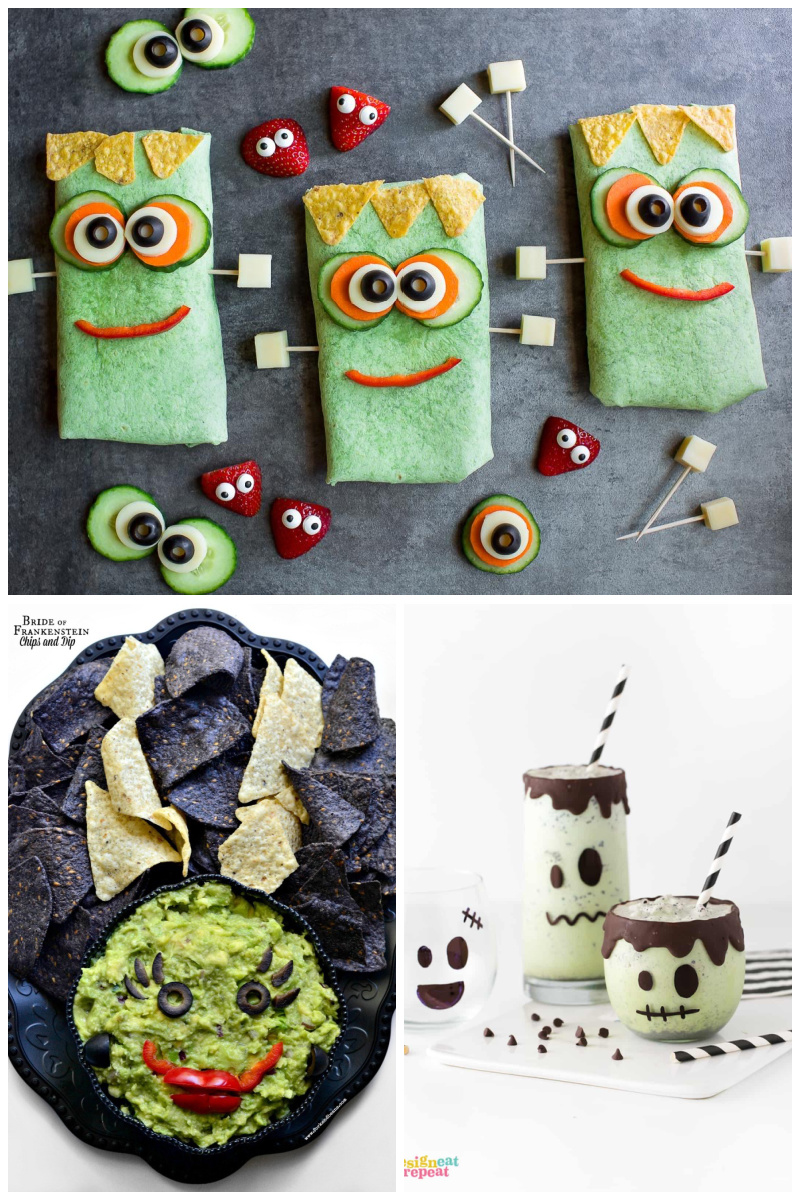 Frankenstein dinner ideas: Wrap sandwiches at Peas and Crayons, Chips & Dip at Fork and Beans, Milkshakes at Design Eat Repeat