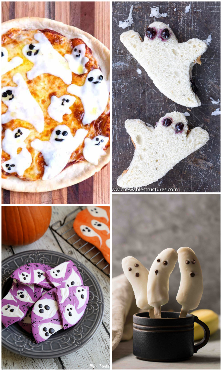 Ghost-themed Halloween dinner: Pizza at Pudge Factor, Sandwiches at Chewable Structures, Chocolate Bark at Mom Foodie and Bananas at Lifestyle of a Foodie