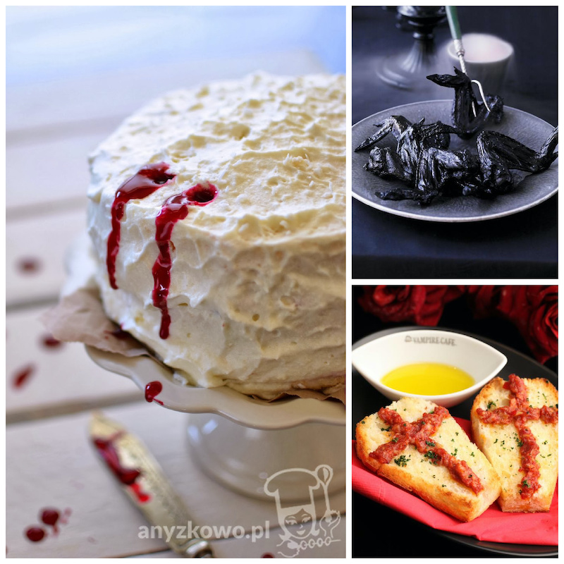Vampire dinner recipes and ideas: Bat wings at Ricardo, garlic toast at Vampire Cafe, and vampire bite cake at Blog Anyzkowo