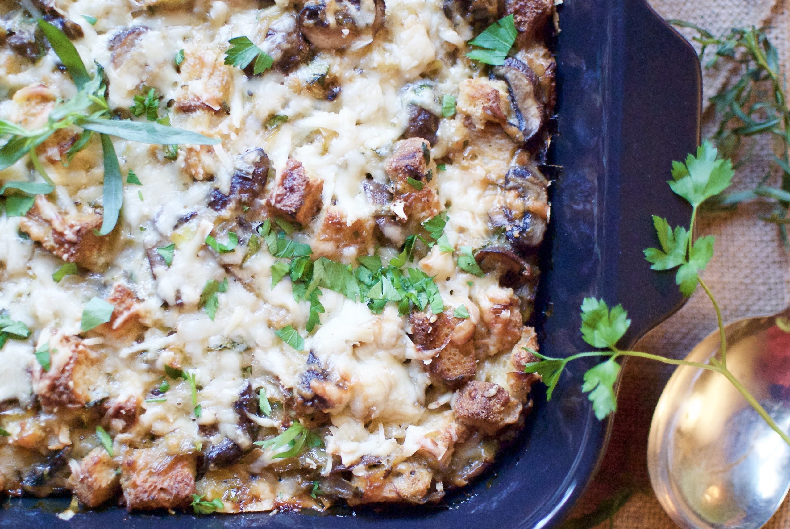 Sidesgiving recipes: Mushroom and Leek Bread Pudding at A Hint of Rosemary
