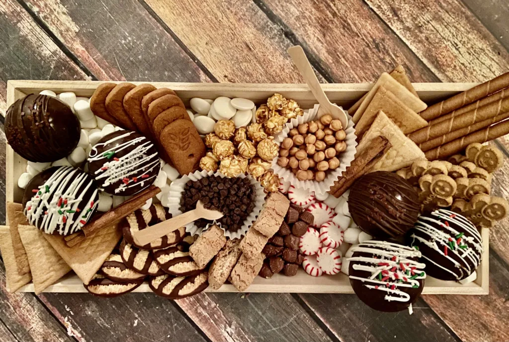Order your own Christmas hot cocoa bomb charcuterie board from Buttercream and Sprinkles