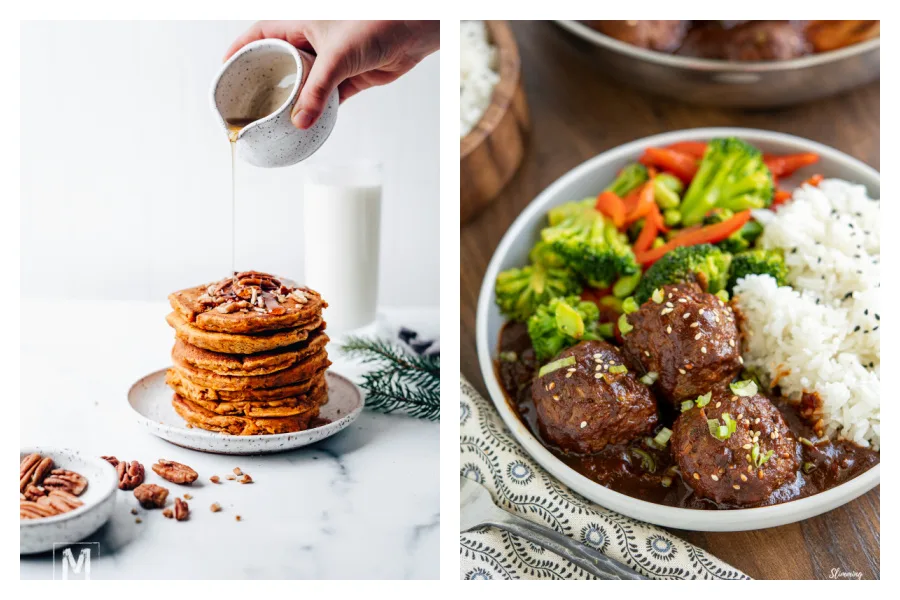 Delicious dinners with hidden veggies: Sweet potato pancakes at Munchkin Time and Asian meatballs at Slimming Eats