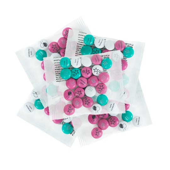 Personalized M&M party treats to hand out at the end of your first post-Covid party