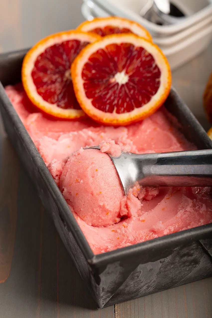 Tricks for lghter summer dessert recipes: Swap out ice cream for sorbet! This blood orange sorbet at The Missing Lokness is simple and works well with nearly any fresh fruit
