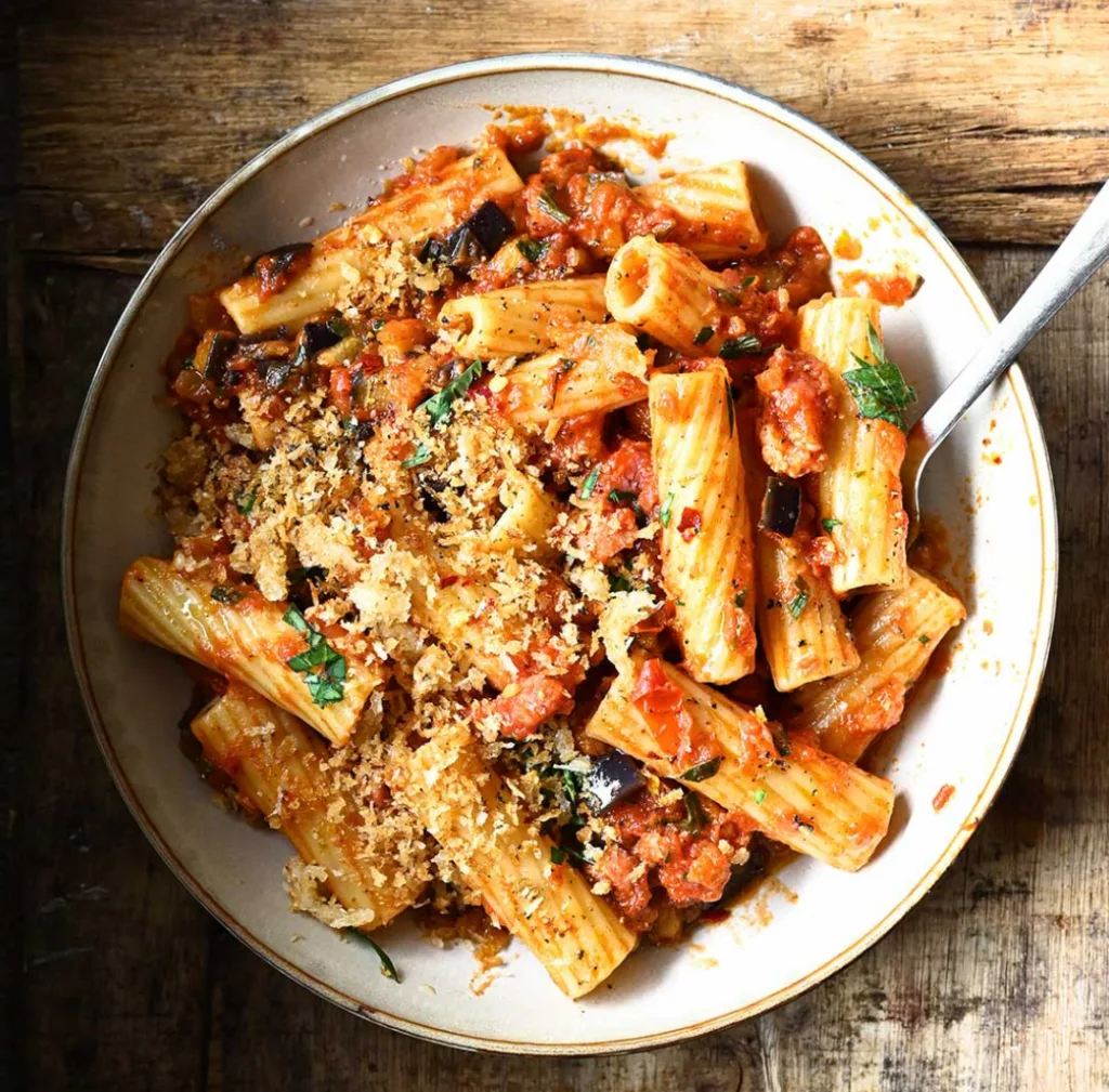 Eggplant Tomato Pasta with Bacon from Serving Dumplings Eggplant Tomato Pasta with Bacon from Serving Dumplings