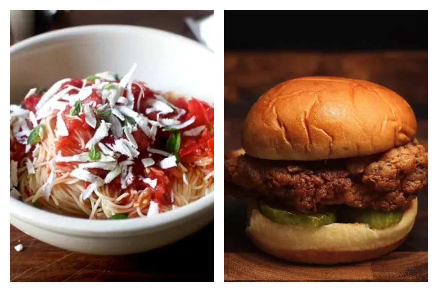 Angel Hair Pasta with Raw Tomato Sauce from SmittenKitchen and 5-Ingredient Fried Chicken Sandwiches Recipe by J. Kenji López-Alt on Serious Eats