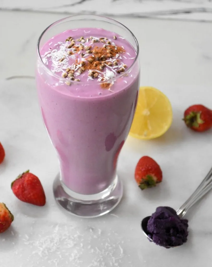 Purple sweet potatoes make a beautiful smoothie with this recipe from Zesty South Indian Kitchen Purple sweet potatoes make a beautiful smoothie with this recipe from Zesty South Indian Kitchen