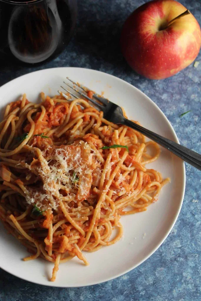 Lidia's tomato sauce includes apples in this dinner recipe on Cooking Chat