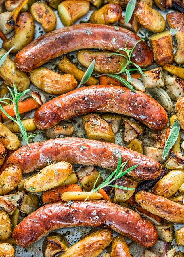 Baked sausage with apples is cooked on a single sheet pan with this recipe from Jo Cooks