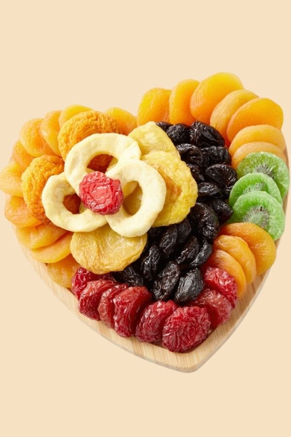 This colorful heart-shaped dried fruit tray from Manhattan Fruitier makes a delicious Valentine's Day gift