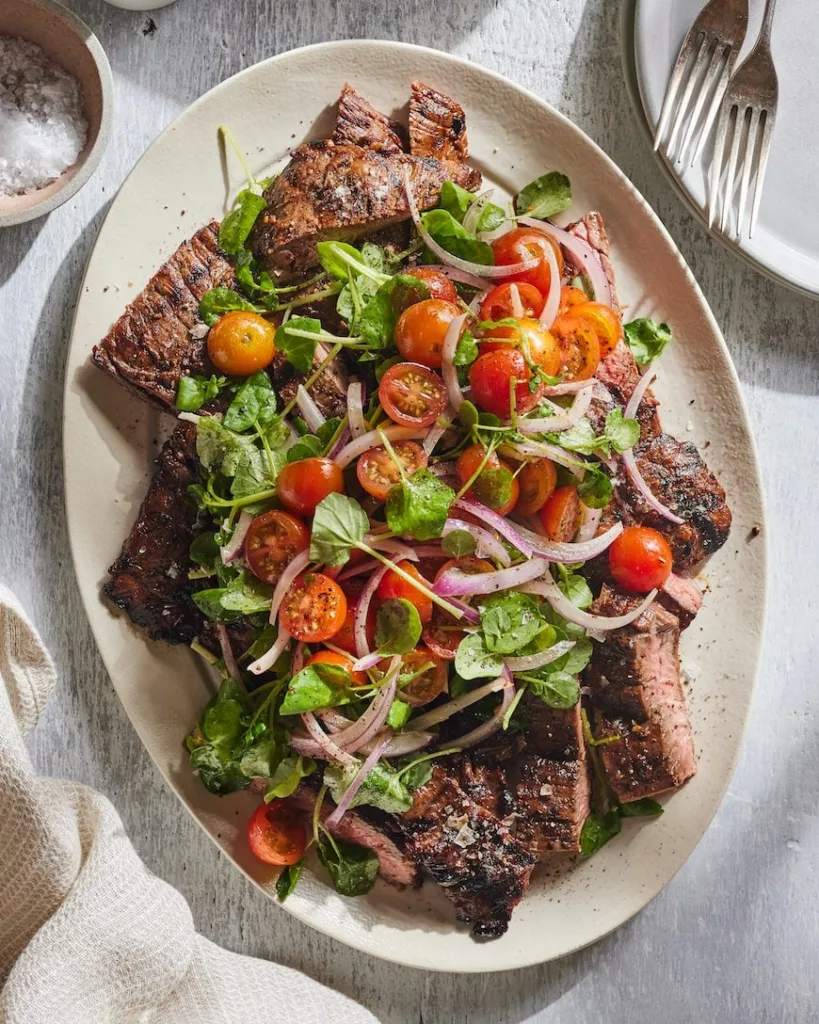 Grilled Skirt Steak Tomatoes and Greens from Whats Gaby Cooking