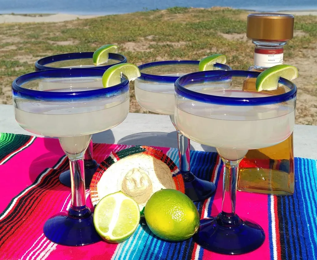 Hand-blown blue rim classic Mexican Margarita Glasses -- found them!