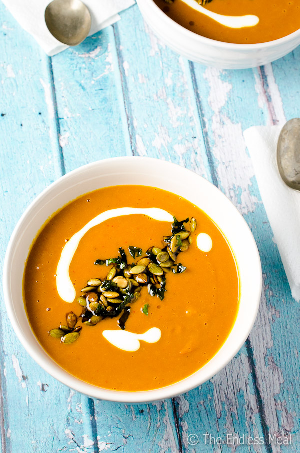 Spicy Harissa and Butternut Squash Soup with Pepitas and Crispy Mint | The Endless Meal