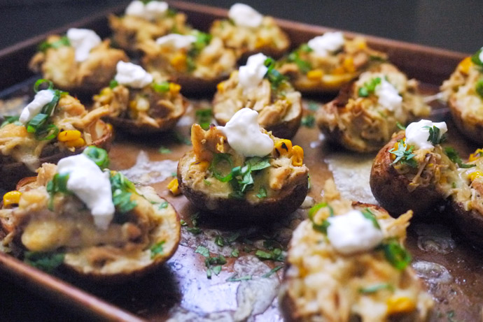 Creamy Chicken Enchilada Potato Skins: The perfect apps for dinner recipe on New Year's Eve | Stacie Billis for Cool Mom Eats