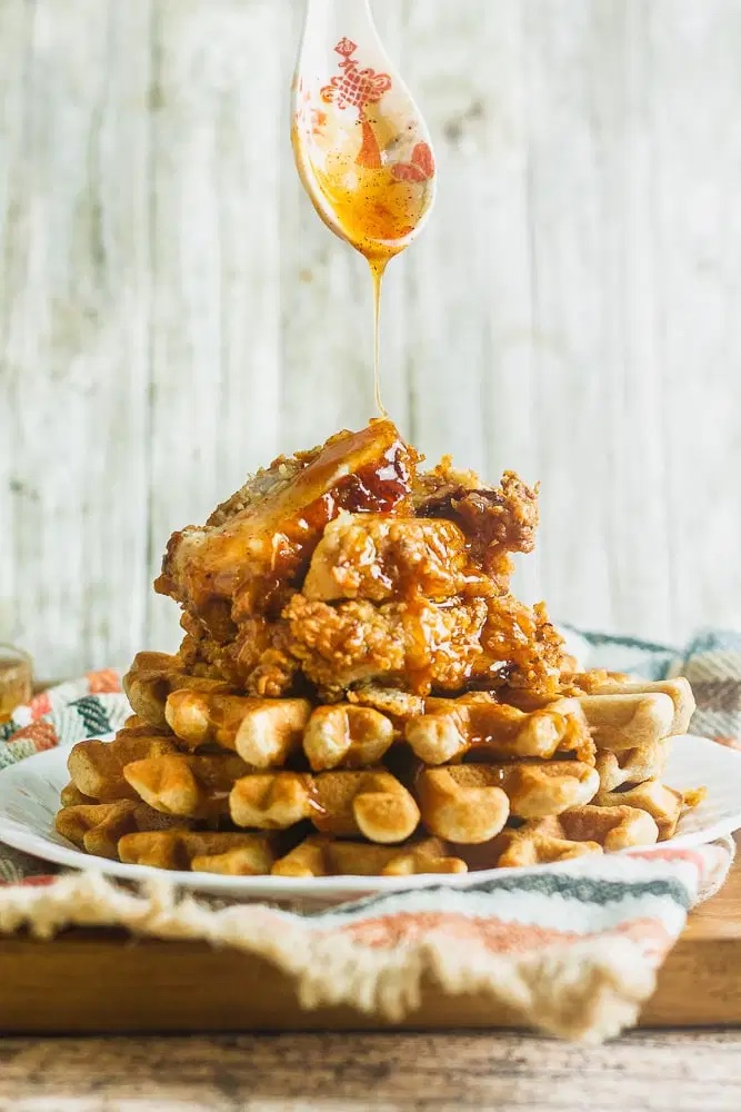 Black food bloggers: Southern Fried Chicken and Waffles with Spicy Honey Butter Sauce from Sweet Tea + Thyme