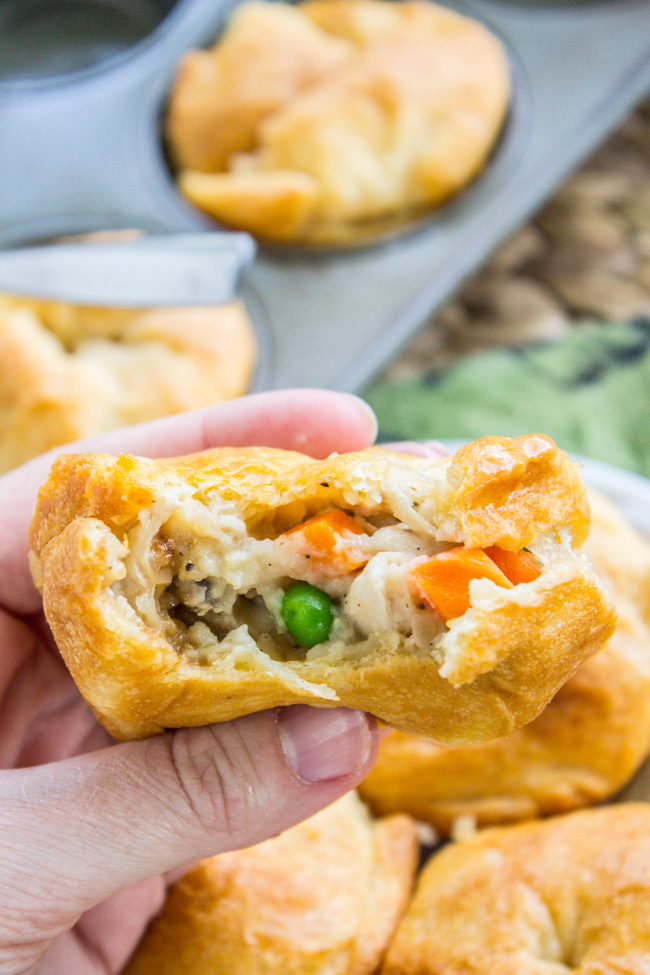 Easy on-the-go dinner recipes for when you have to eat going to or from after school activities: Chicken Pot Pie Bites at The Food Charlatan