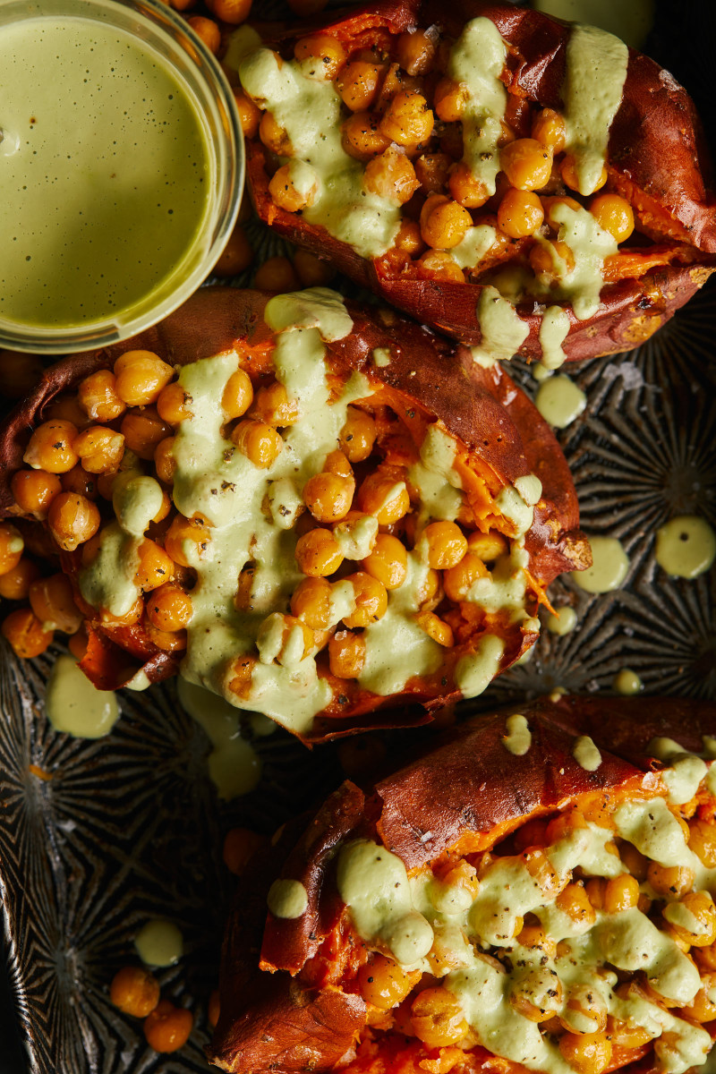 Cool Mom Eats weekly meal plan: Roasted Chickpea Stuffed Sweet Potatoes with Creamy Cilantro Cashew Sauce at Spoon Fork Bacon