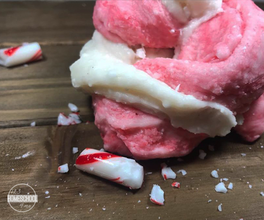 Delicious and totally easy holiday food crafts for kids: Candy cane play dough at 123 Homeschool 4 Me