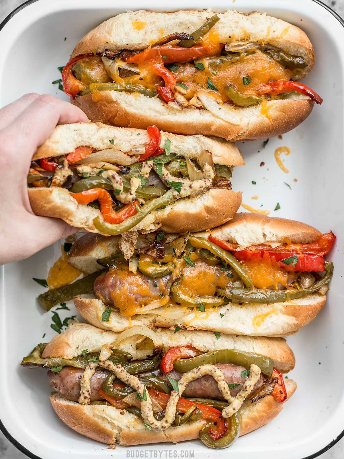 Budget-friendly dinners: Roasted Peppers and Onions with Bratwurst | Budget Bytes