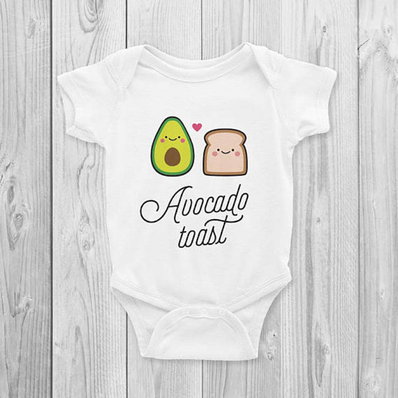 Foodie baby shower gifts: Avocado Toast onesie at Plant Love Boutique