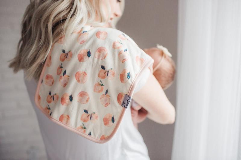 Foodie baby shower gifts: Peach patterned luxury burp cloth at Copper Pearl