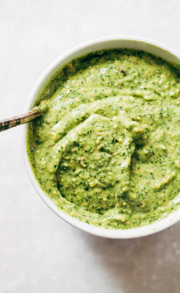 Vegetarian cookout ideas beyond veggie burgers: 5-Minute Magic Green Sauce is fabulous on even simple grilled veggies | Recipe via Pinch of Yum