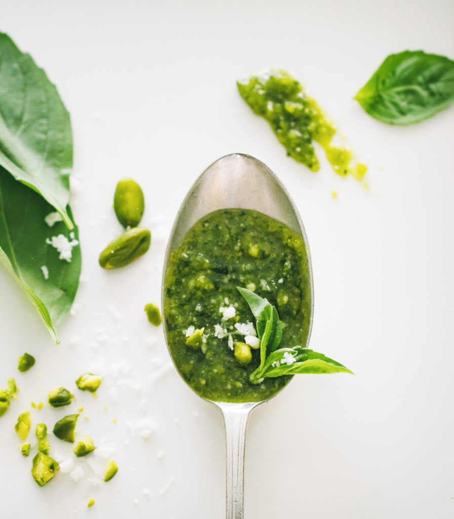 Homemade pesto and other dips and dressings that can be used to make a light spring or summer meal