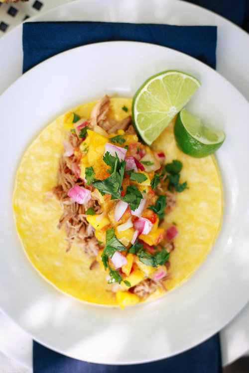 Cool Mom Eats weekly meal plan: Slow Cooker Pork Carnitas with Peach Salsa at Feast and Fable