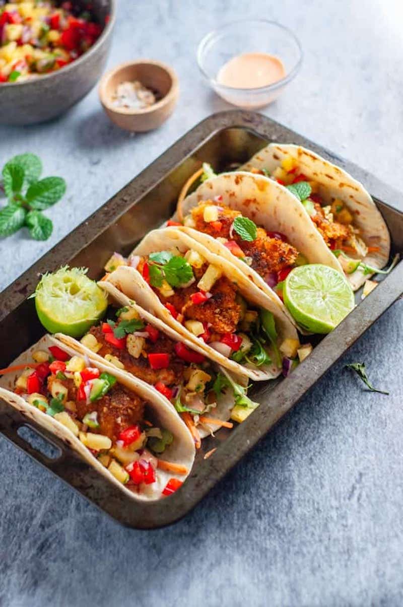 Weekly meal plan: Fish tacos with pineapple salsa at My Sugar Free Kitchen