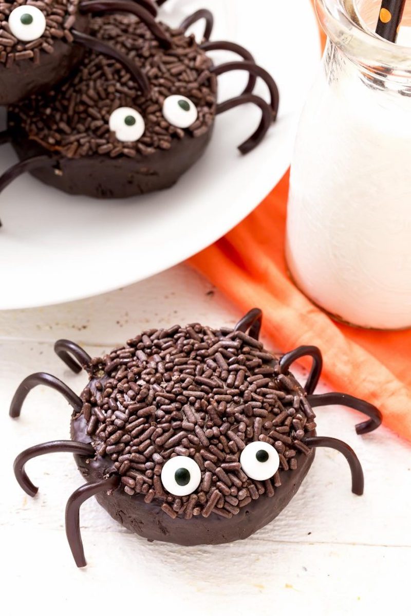 Fun Halloween breakfast ideas for kids: Donut Spiders at Cooking on the Front Burners
