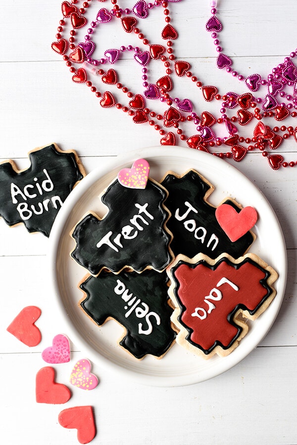 8-bit gamer heart valentine cookies for teens: Recipe from Let's Eat Cake