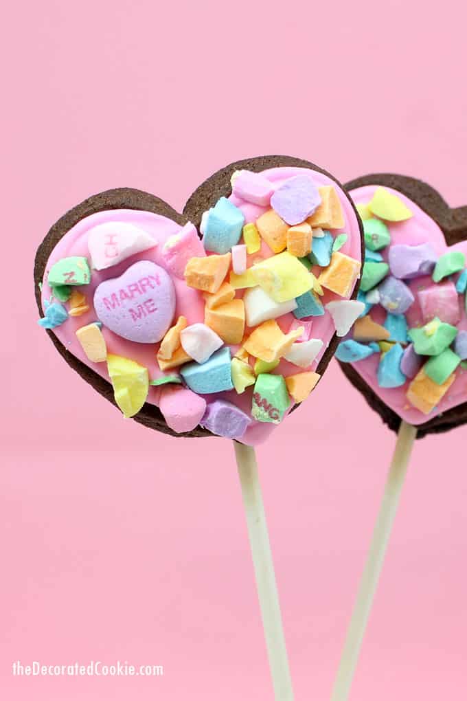 Easy ideas for decorating heart cookies with the kids for Valentine's Day: Crushed Conversation Heart Cookies | The Decorated Cookie