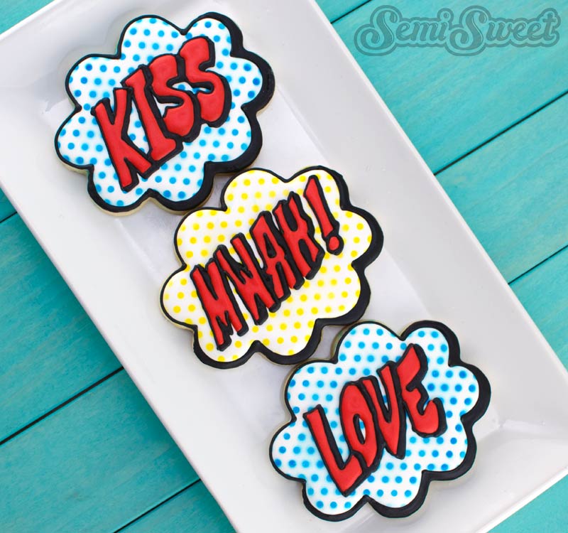 Cool Valentine's Cookies for Teens: Pop art stencil Valentine's Cookies, with tutorial including supply list from Semi Sweet Designs