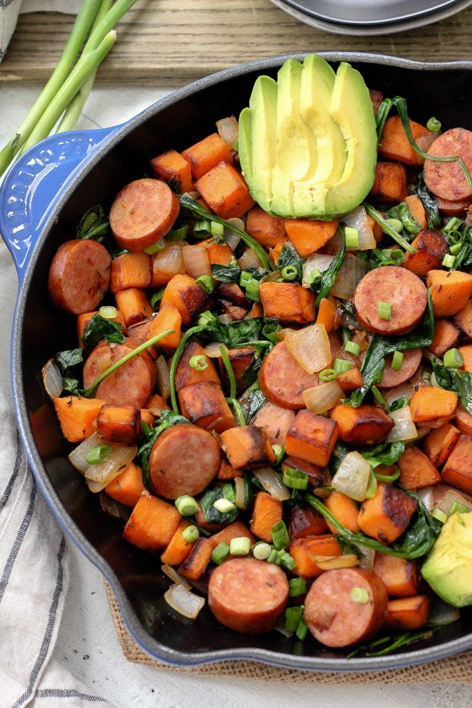 Egg-free brunch ideas for Easter: Sausage and Sweet Potato Paleo Egg-Free Breakfast Skillet | Whole Kitchen Sink