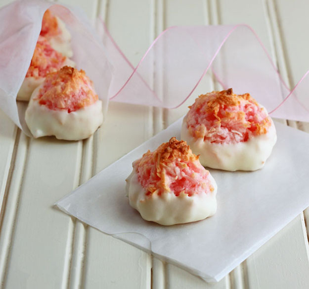 Macaroon variations for Passover: Pink Macaroons in White Chocolate at Dessert for Two