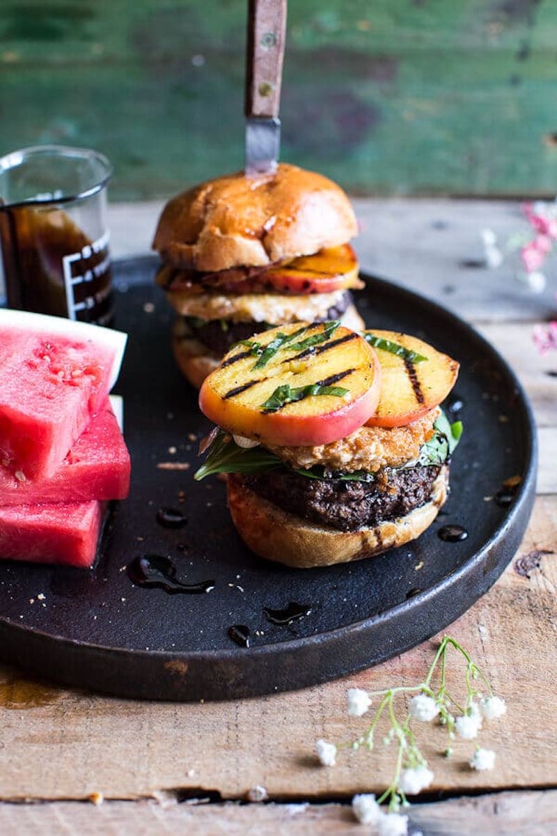 Weekly meal plan: Fried Mozzarella and Caramelized Peach Caprese Burgers at Halfbaked Harvest