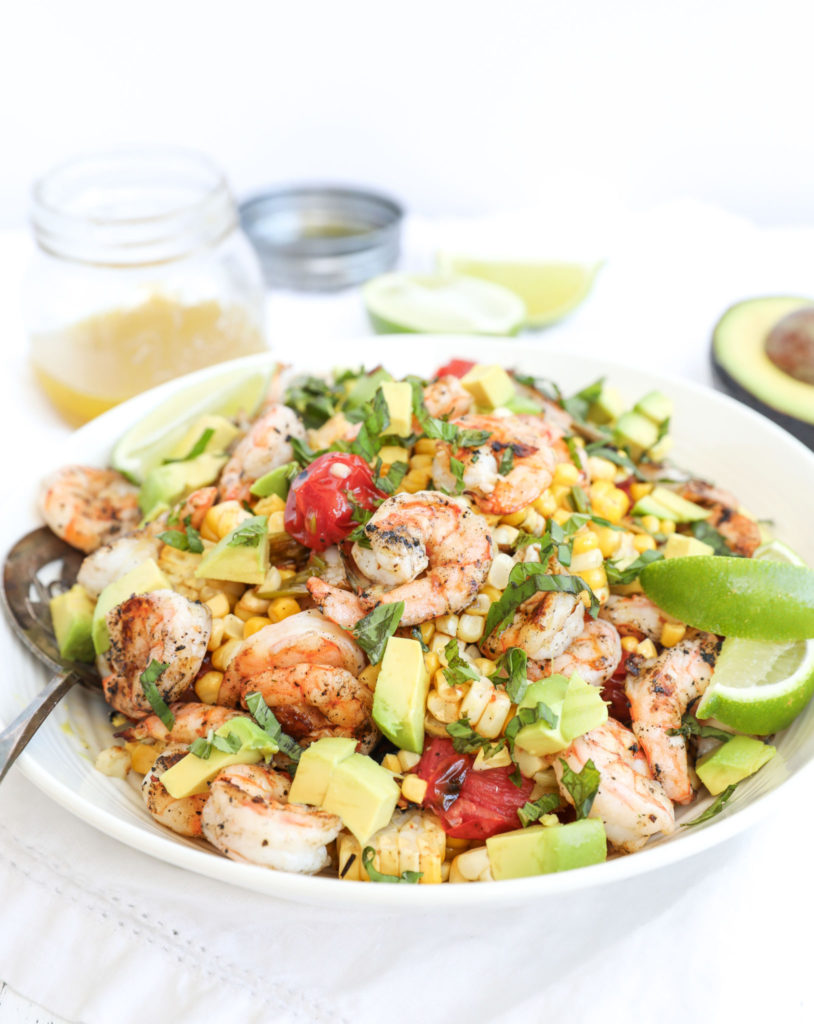 No-cook recipes using tomato and basil: Grilled Shrimp, Corn and Avocado Salad | My Cape Cod Kitchen