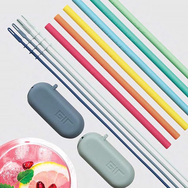GIR reusable silicone straws in different sizes. They fold down into a little carry pouch too!
