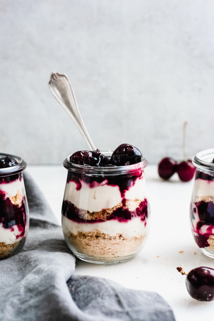 Blue Bowl Recipe's no-bake cheesecake parfaits with boozy cherries will make a great ending to Father's Day