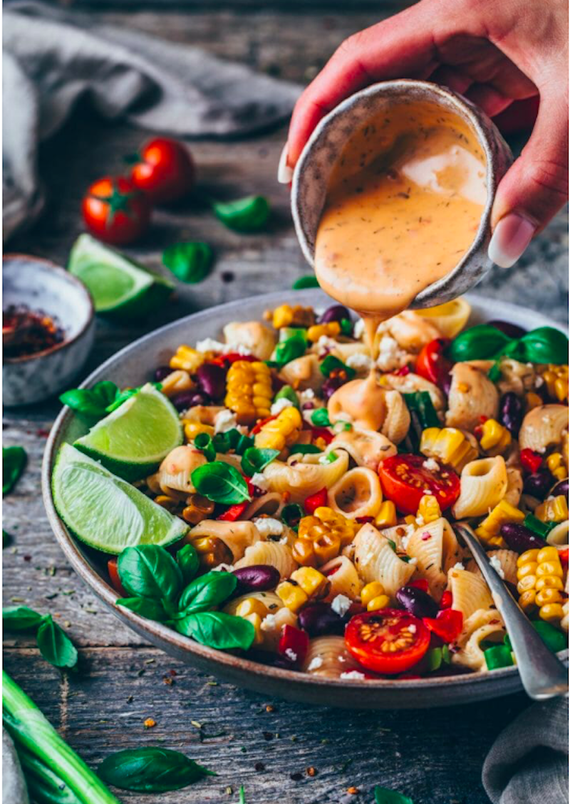 Easy DIY pasta salad recipes and tips: Mexican Pasta salad sauce at Bianca Zapatzka, plus loads of toppings you can add.